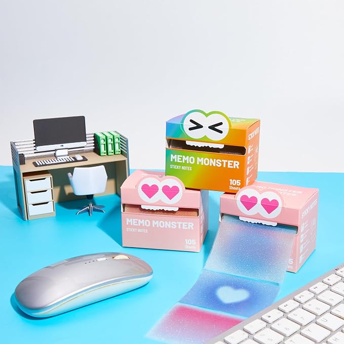 2PCS Monster Sticky Notes – Glittery Semi-Transparent Full-Adhesive Sticker Notes with Cute Monster Box, 105 Sheets for School Supplies, Office Products, Journaling, Scrapbooking & Labels