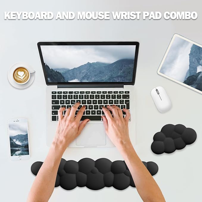 Cloud Keyboard Wrist Rest Pad Set,Enlarge PU Leather Memory Foam Wrist Cushion Support,Easy Typing Pain Relief,Mouse Wrist Rest Pad,Non-Slip Wrist Support for Home, Office,Black