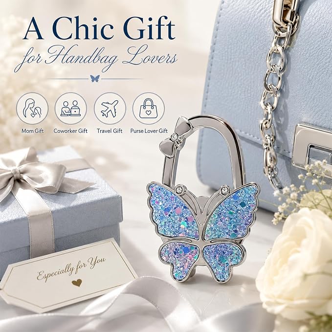 Purse Hook for Table, Foldable Handbag Hanger for Women, Portable Bag Holder with Non-Slip Base, Cute Star Blue Butterfly Purse Table Hook for Restaurant Office Travel Gift