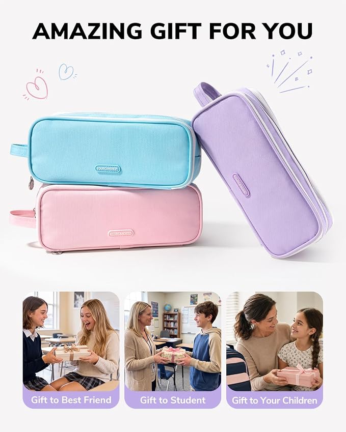 Four Candies 3-Compartment Large Pencil Case Organizer Pouch | Large Pen Bag for Stationery & Office Multi-Purpose Organizer Makeup Bag Travel Bag with Handle (Purple)