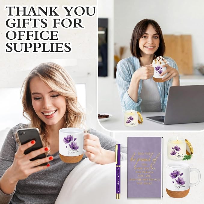 Sayglossy 4 Pcs Thank You Gift Set for Women Back to School Teacher Appreciation Gift Leather Notebook Purple Flower Coffee Mug Scented Candle Ballpoint Pen for Employee Coworker DSP Housekeeping Week