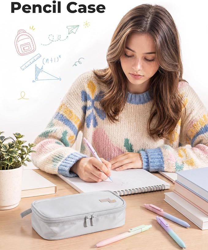 Four Candies Large Pencil Case, 5 Compartments Pen Organizer, Big Capacity Canvas Pencil Pouch Bag for School Supplies, Portable Stationery Holder for Teen Girls, Women (Light Gray)
