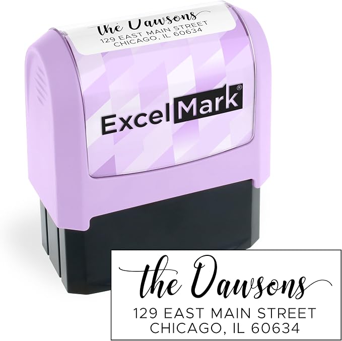 ExcelMark Address Stamp - Custom Return Address Stamp with Elegant Designs, Vibrant Colors & Patterns – Perfect for Mail, Invitations & Gifts (Violet, Signature Script)