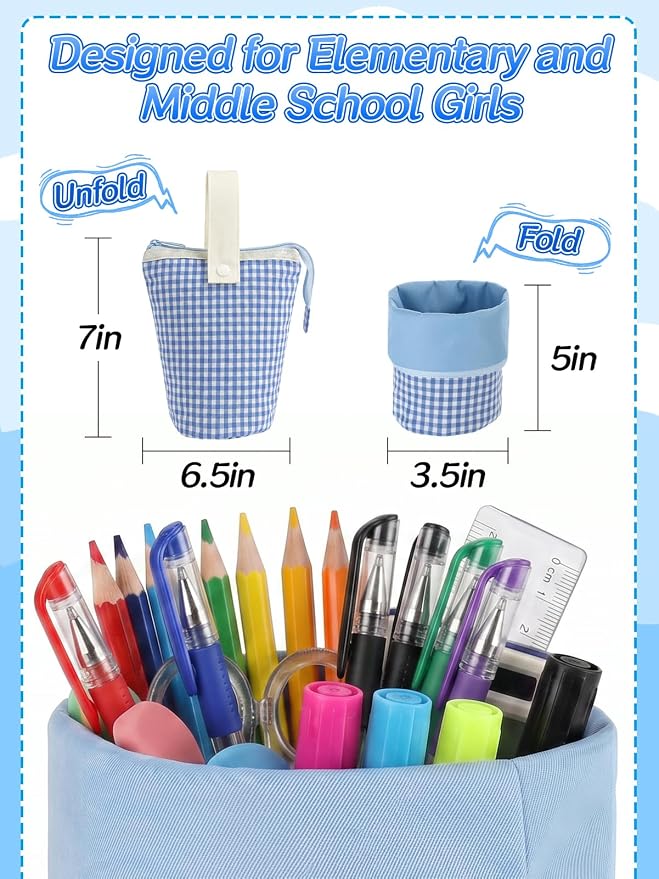 Bigmeta Gingham Standing Soft Pencil Case for Girls - 2-in-1 Cute Aesthetic Pencil Pouch with Zipper, Stationery Holder Bag for Middle & Elementary Students Back to School Supplies (Blue)