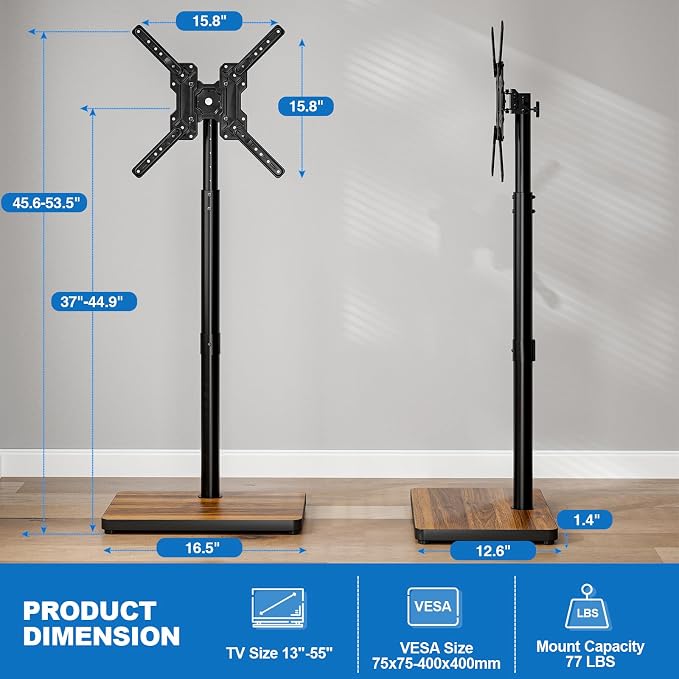 Swivel/Tilt Universal Floor TV Stand with Mount for 13-55 Inch TVs or Monitors, Height Adjustable Tall TV Stand with Sturdy Wooden Base Hold up to 77 lbs, Max VESA 400x400mm, Brown