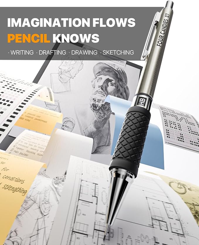 Metal Mechanical Pencil Set, 0.5mm Fine Point, 6-Pack with Storage Case | 360 Leads, 3 Erasers+9 Refills, Non-Slip Grips, For School Writing, Sketching, Art Drawing & Professional Drafting