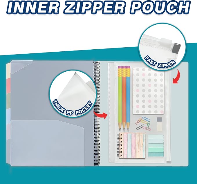 H4D 12 Pocket Poly Project Organizer, Multi Pocket Folder, Pastel Colors | 12 Pocket, Spiral, Multi-Subject, Folder Notebook, Letter Size