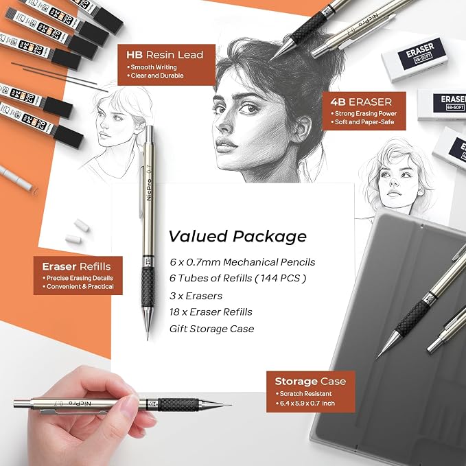 Nicpro 0.7 mm Art Mechanical Pencils Set, 6 PCS Metal Drafting Pencil 0.7mm Tube HB Lead Refills & 18 Cap Eraser for Adults, Children, Artist Writing, Drawing, Sketching, Black | Metal Drafting Pencil Lead Pencil+6 Tube Lead Refills, Eraser, Comfort Gr...