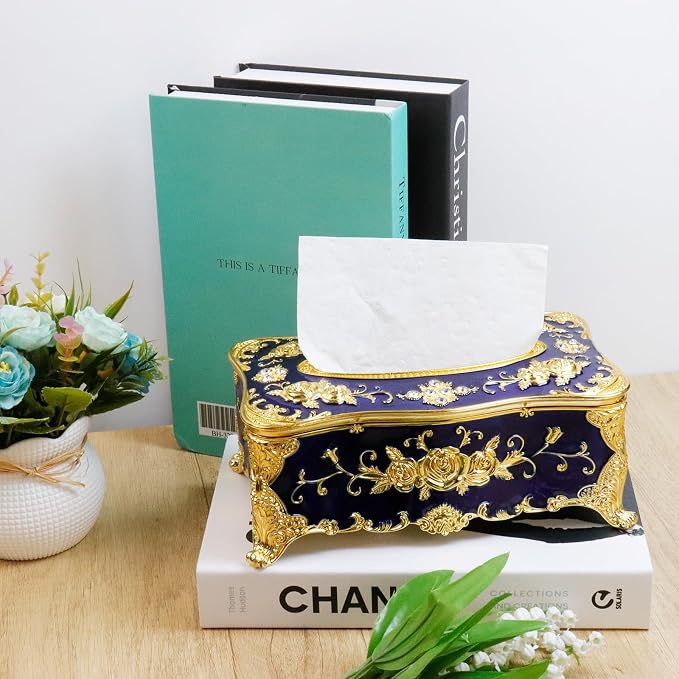 Luxurious Rose Tissue Box with Imitation Diamonds,Gold Blue | Embossed Flowers,9.45"x5.43"x3.94",Elegant Tissue Paper Holders,for Home Toilet Bath Hotel
