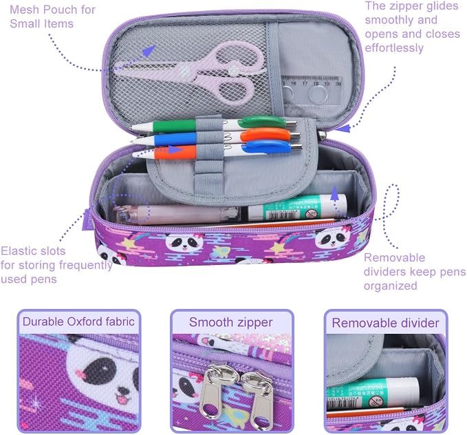 RHCPFOVR Kids Pencil Case for Girls-Soft Zipper Large Capacity Pencil Pouch for Girls Pencil Case for School Pencil Bag for Toddler (Purple-Panda)