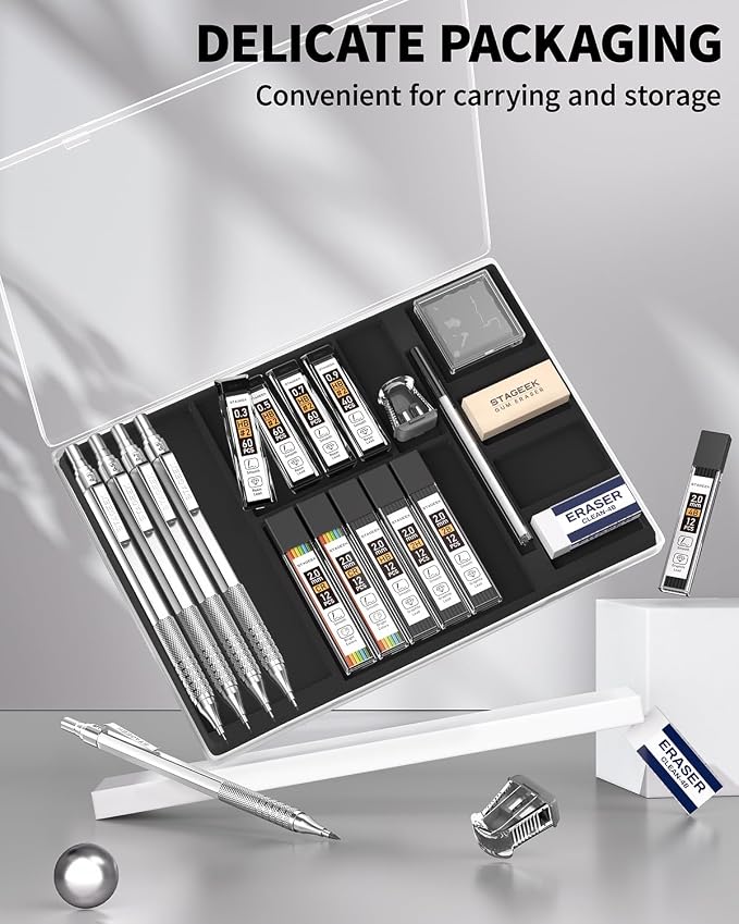 STAGEEK 21PCS Metal Mechanical Pencil Set, Art Lead Pencil 0.3, 0.5, 0.7, 0.9, 2mm Holder(HB 2H 2B 4B Color) with 10 Tubes Graphite Lead Refills Eraser with Case for Drafting Drawing Sketching