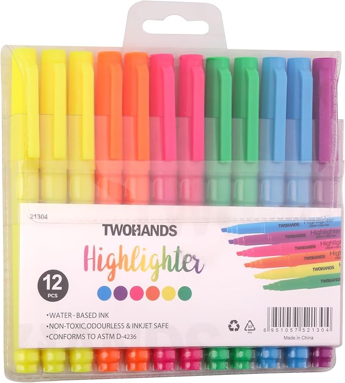 TWOHANDS Highlighters Assorted Colors,Chisel Tip Marker Pens,12-Count,21304