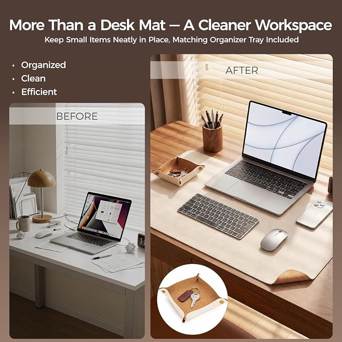 Premium Faux Leather Desk Mat & Tray Set,Innovative Cork-Look Printed Base,Gift Tube Packaging,Full-Desk Coverage,Non-Slip Desk Pad for Office Home(Ivory White)
