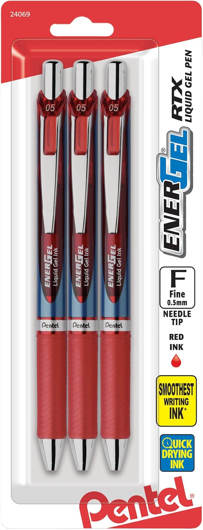 Pentel Gel Ink Pen, EnerGel RTX Retractable Gel Pen, 0.5mm, Needle Tip, Red Ink, 3 Pack (BLN75BP3B)