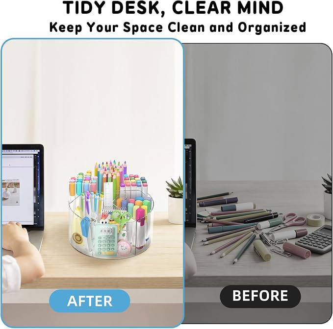 SUPEASY Acrylic Rotating Pencil Holder, 360° Clear Pen & Marker Organizer | Crayon Art Supply Organizer with 6 Compartments and Carry Handle for Desk, Home, Office, Classroom