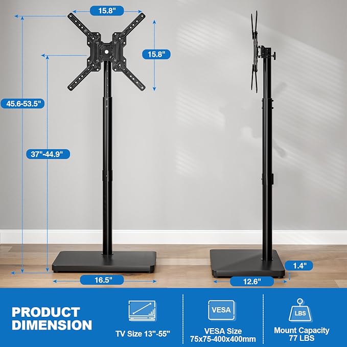 Swivel/Tilt Universal Floor TV Stand with Mount for 13-55 Inch TVs or Monitors, Height Adjustable Tall TV Stand with Sturdy Wooden Base Hold up to 77 lbs, Max VESA 400x400mm, Black