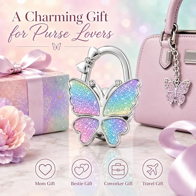 Purse Hook for Table, Foldable Handbag Hanger for Women, Portable Bag Holder with Non-Slip Base, Cute Matte Colorful Glitter Butterfly Purse Table Hook for Restaurant Office Travel Gift