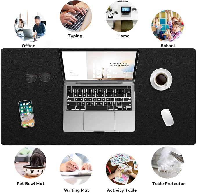 Extra Large Leather Desk Pad with Suede Base Office Mat for Home - Waterproof, Non-Slip, PVC - Black, 24" x 36"