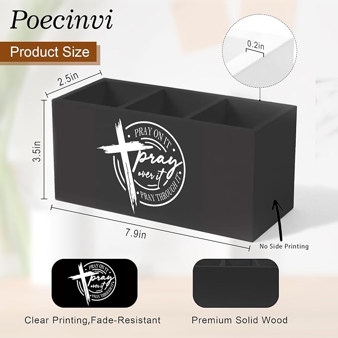 Pray on It Pray over It Christian Pen Holder for Home Office Desk, Black Cross Inspirational Bible Verse Wooden Box Sign Pencil Holder for Desk Shelf Organizer