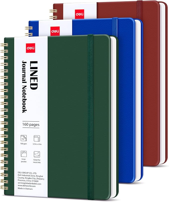 deli 3 Pack Lined Spiral Journal Notebook, 160 Pages, A5 (5.5"x8") Hardcover Writing Notebook, College Ruled Spiral Bound Journal for Women & Men - Perfect for Work, School, Office & Note Taking