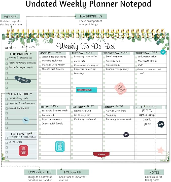 Thboxes 52 Sheets Weekly To Do List Notepad, 8.5" x 11" Efficiently Plan Weekly Task List Notepad for Student Work Home Office School Improve Focus and Efficiency Weekly Planner Green