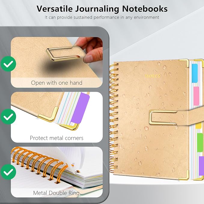Hardcover Spiral Notebook College Ruled, 6.2"x 8.2" Leather Journal Notebook with Magnetic Closure, 300 Pages 5 Subject Notebook with Dividers Tabs Journal for Women Men, Work, School(Golden)