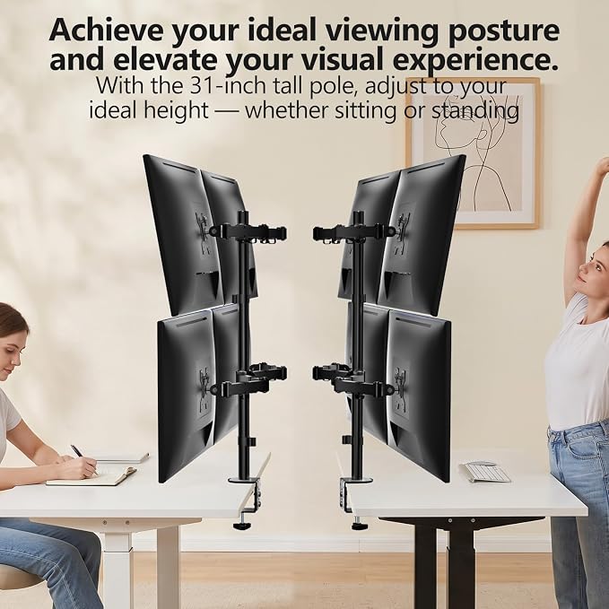 WALI Quad Monitor Desk Mount, 4 Monitor Stand Fits Heavy Duty Computer Screen up to 27 inch, Full Adjustable Arm Holds up to 22 lbs per Arm (M004), Black