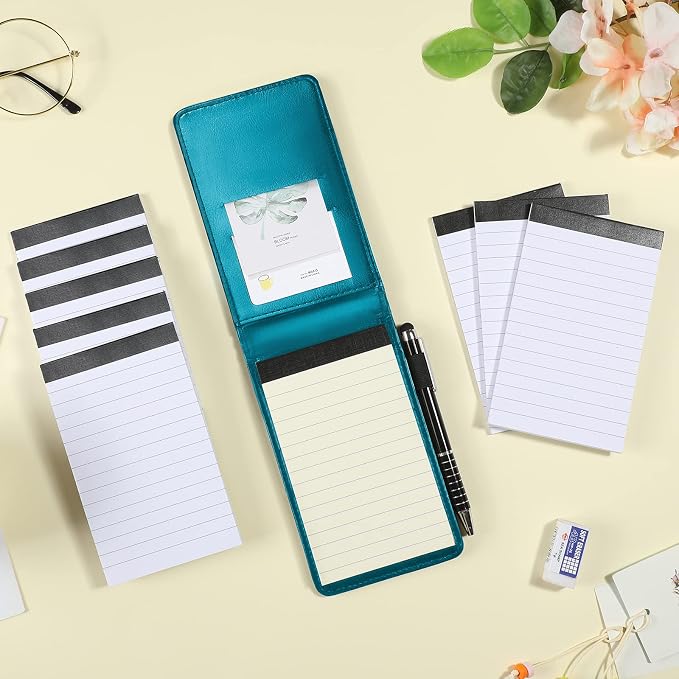 Outus 10 Pcs Mini Pocket Notepad Holder Set Included Small Leather Pocket Notebook Holder with 50 Lined Sheets, Metal Pen, 8 Pcs 3 x 5 Inch Memo Book Refills, 30 Lined Paper Per Note Pad (Sky Blue)