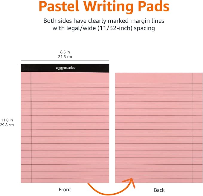 Amazon Basics Wide Ruled Lined Writing Note Pads with Sturdy Back, Multicolor, 300 Sheets, Perforated, 8.5x11.75 Wide Ruled (Pack of 72)