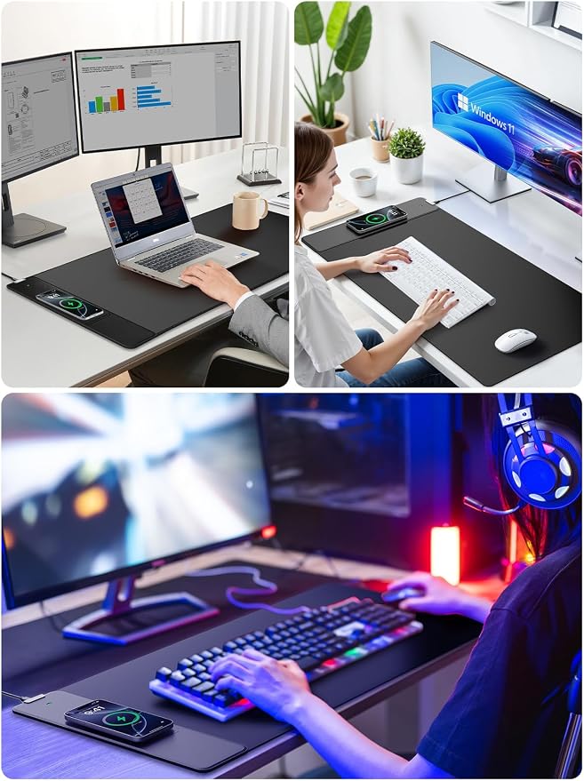 Wireless Charging Mouse Pad, 31.5"x15.8" Large Desk Mat, Smooth Glide | Waterproof Mousepad, Stitched Edge, Non-Slip Rubber Base, Desk Pad Computer Keyboard Mat, No Adapter