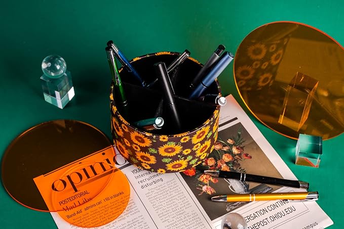 Round Leather Art Supply Organizer,Remote Control Holder,360 Degree Rotating,Multi-Functional Pencil Holder,4 Compartments Desktop Stationary Organizer(1-Sunflower)