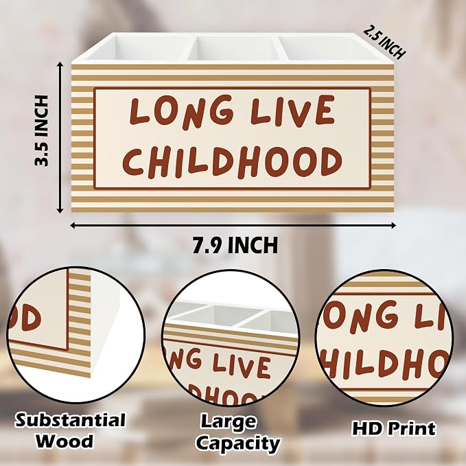 Retro Kids Pen Pencil Holder Organizer for Desk, Orange Striped Long Live Childhood Wooden Box Signs Decorations for Home Classroom Kids Room Bedroom Desk Tabletop, Boys Room Decor