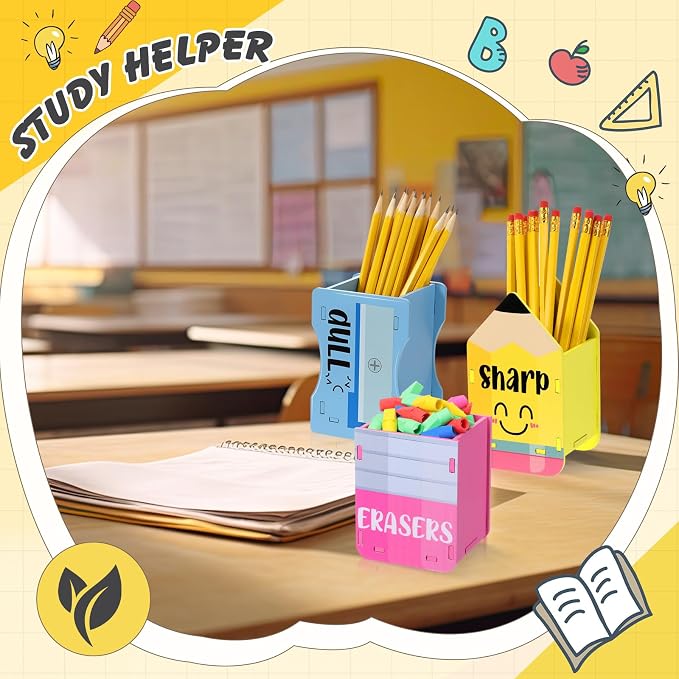 AmazingSpark 3 Pcs Pencil Shaped Holder Sharp and Eraser and Dull Holder Wooden Dispenser Pencil Storage Organizer for Back to School Management Organization(Cute)