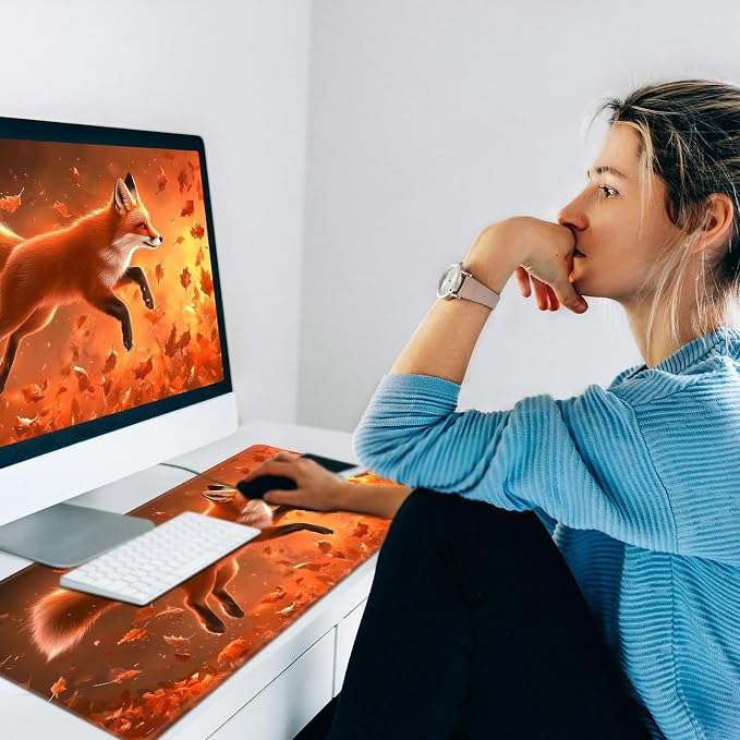 Heated Desk Pad Mouse Pad,Heated Desk Mat,with 3 Heating Levels & 3 Hours Auto Shut-Off,Leather 23.6"*14.2" Gaming Mouse Laptop Mat,Foot Warmer,Cute Red Fox Forest