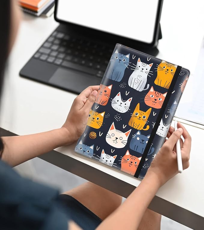 A5 Leather Lined Journal Notebook, 200 Pages Hardcover Executive Notebook for Men Women Office School Note Taking, Thick Writing Paper Daily Journal with Bookmarks/Indexes,Cat Family
