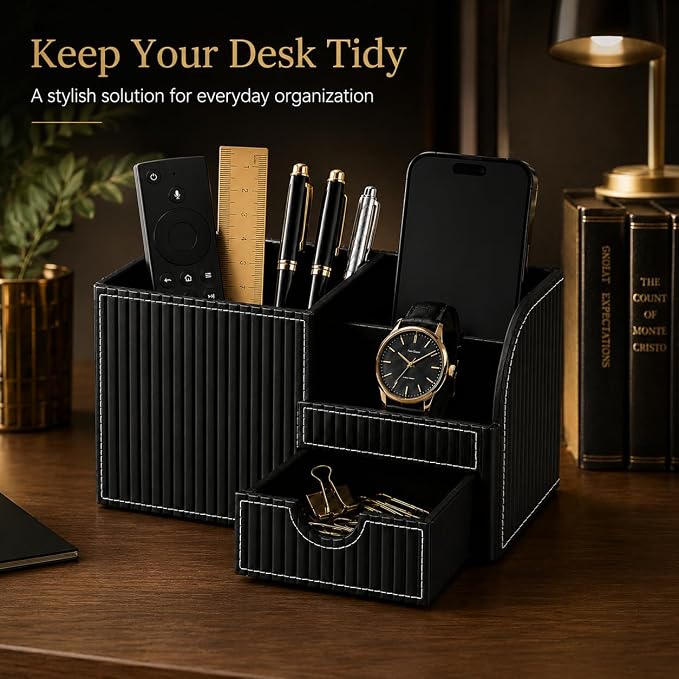 KINGFOM Executive Leather Desk Organizer with Drawer, Modern Black Desk Accessories for Men, Premium Office Desk Organizer with Pen Holder & Storage Compartments for Home Office