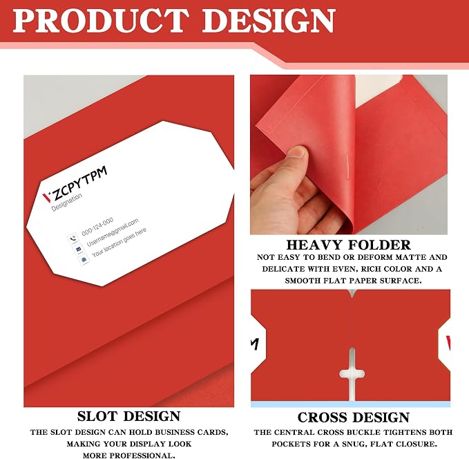 VZCPYTPM 50 Pack Red Folders with Pockets,2 Pocket File Folders | Fit Letter Size (8.5 x 11 Inch),Professional Design with Business Card Slot for Office and School Organization