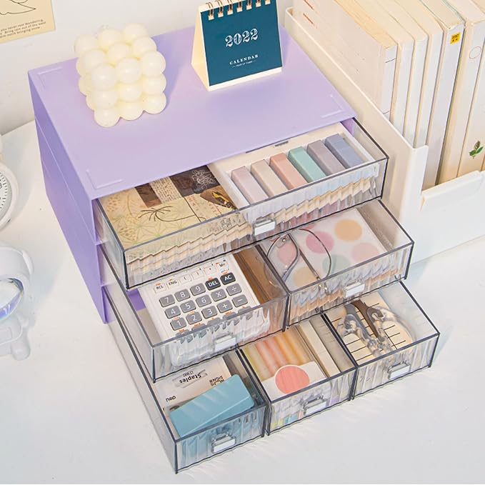 3 Tier Stackable Desk Organizer with 6 Drawers, Plastic Desktop Storage Box Drawers, Detachable Makeup Storage Office Stationery Supplies Organizer for Office School(Purple)