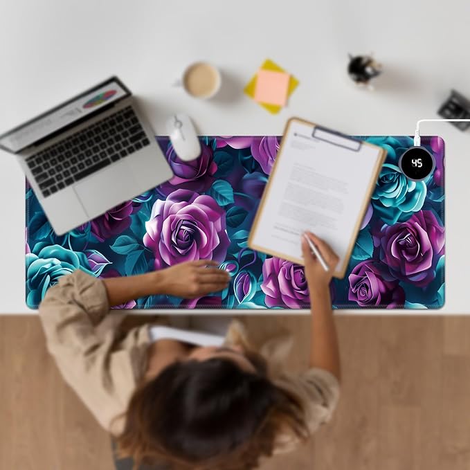 Heated Desk Pad Large Mouse Pad 31.5 x 13 inch with 3 Levels Heating & Auto Shut-Off Warm Mouse pad PU Leather Computer Mousepad for Home Office Work - Colorful Rose Flowers