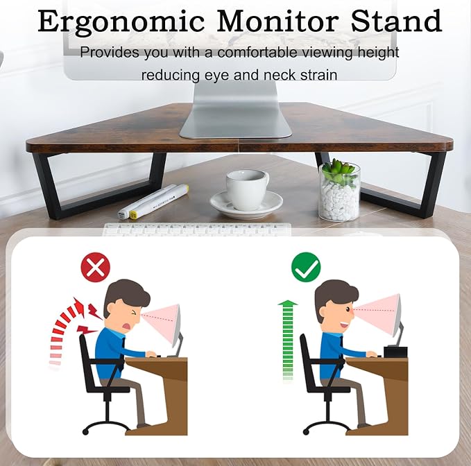 TEAMIX 26 inch Corner Monitor Stand Riser with Keyboard Storage, Espresso | Triangle Monitor Stand, Wood & Metal Computer Stand, Laptop Riser, Desktop Organizer, for L Shaped Desk, Home Office & Gaming