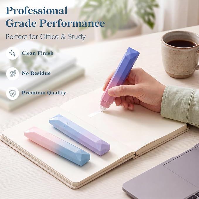 Temiary 5 Pcs White Correction Tapes, Aesthetic White Smooth Pull Out Tape Pens for Instant Corrections, Easy to Use Tear-Resistant Pen Shaped Applicator for Office School Supplies (Gradient Purple)