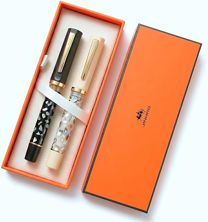 Jinhao 58 Fountain Pen Gift Set of 2 - Natural Sea Shell Inlay Fine Nib Luxury Writing Pens with Jinhao Orange Box & Ink Converters, Black & White