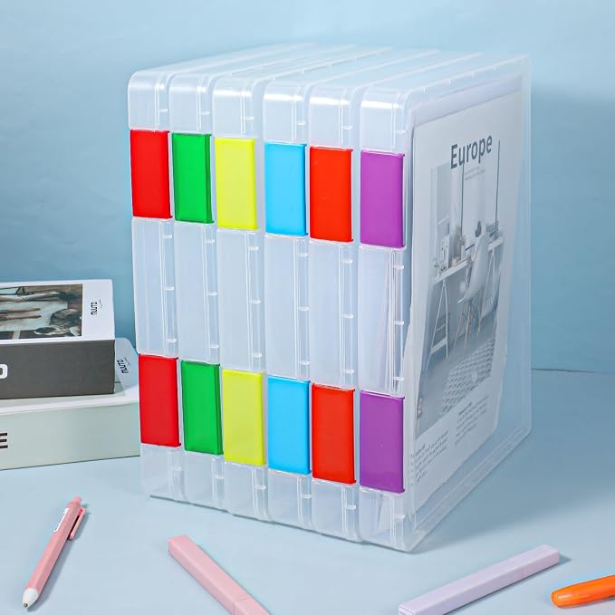 6 Pcs Clear A4 File Box Document Plastic Storage Box Paper Plastic Case Board Game Storage Containers Magazine Protector File Holder with Buckle (Colorful,12.4 x 9.65 x 1.18 Inches) 