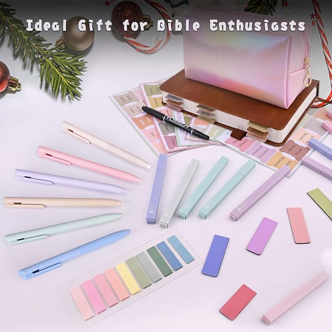 Bible Journaling Kit, Bible Study Supplies Set for Women & Men | Includes 12 No Bleed Bible Highlighters, 6 Pens, 90 Laminated Bible Tabs, Magnetic Bookmarks & Sticky Notes