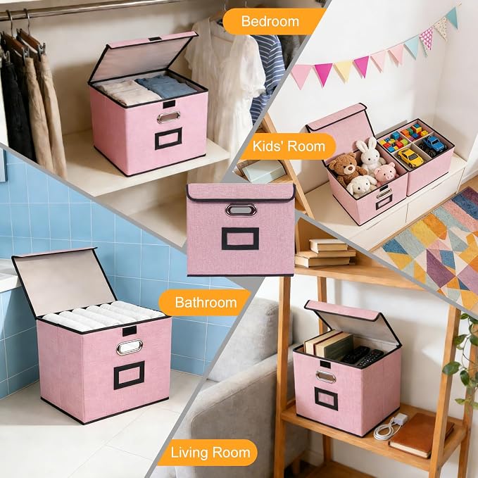 Large Square Storage Bin with Lid, Foldable Organizer Box with Handles & Label Design, for Office, Closet, Home, Documents, Pink, 12.20 x 10.63 x 10.63 Inches, 1 Pack
