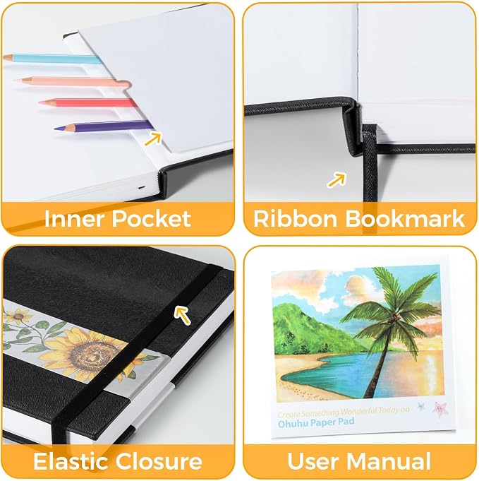 Ohuhu Marker Pads Art Sketchbook, 6.3"x6.3" Mini Square Size, 120 LB/200 GSM Heavy Smooth Drawing Papers, 30 Sheets/60 Pages, Hardcover Sketch Book, for Alcohol Marker Christmas Gift