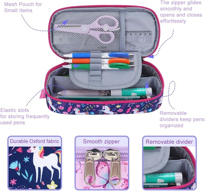 RHCPFOVR Kids Pencil Case for Girls-Soft Zipper Large Capacity Pencil Pouch for Girls Pencil Case for School Pencil Bag for Toddler (Deep Blue Unicorn)