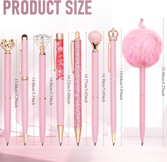 WEMATE 8Pcs Pink Pens, Metal Crystal Diamond Pens with Black & Blue Ink | Fancy Pens for Journaling, Office & Gift Supplies for Women Girls, Birthday and Back to School