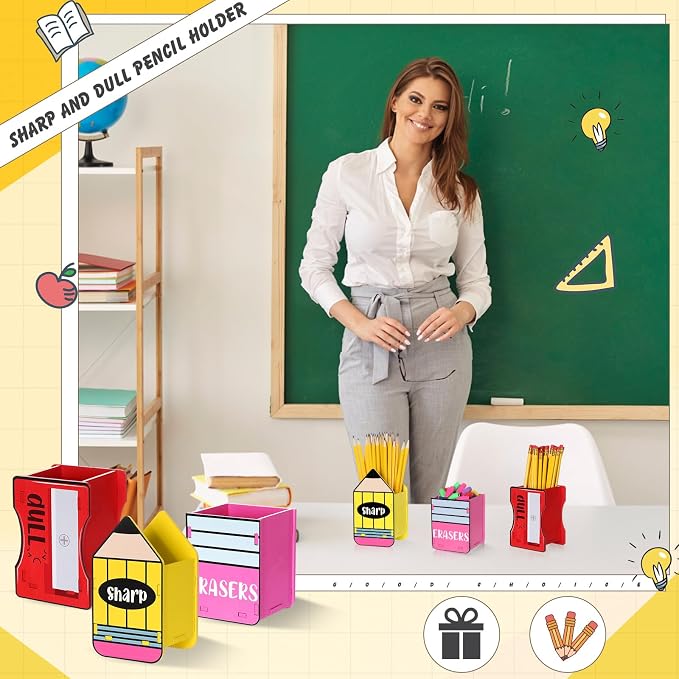 AmazingSpark 3 Pcs Pencil Shaped Holder Sharp and Eraser and Dull Holder Wooden Dispenser Pencil Storage Organizer for Back to School Management Organization (Bright,Dull)