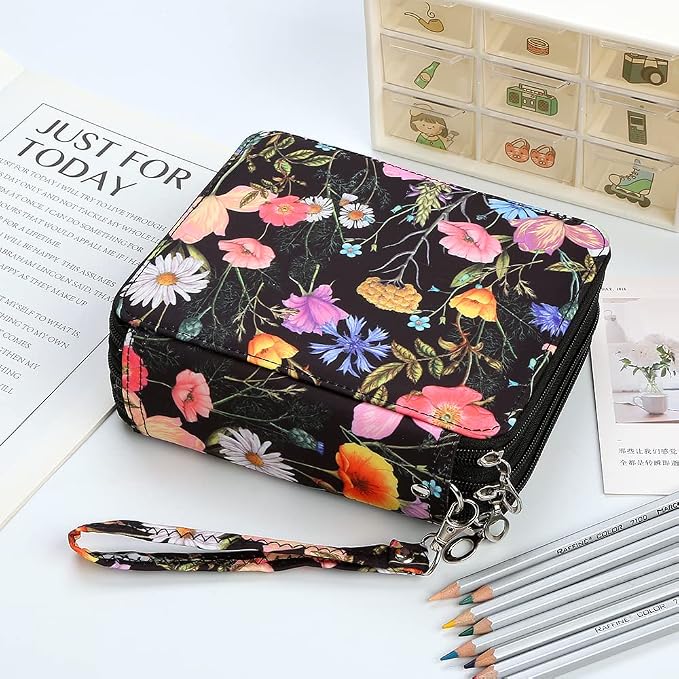 Portable Colored Printing Pattern Morning glory and Daisy Pencil Case 72 Slots Pencil Bag Organizer with Zipper for Watercolor Pens or Markers, Pencil Case Organizer for Artist